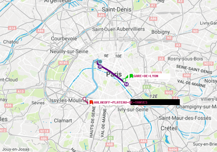 plan itinéraire ratp de Gare de Lyon à Malakoff-Plateau de Vanves