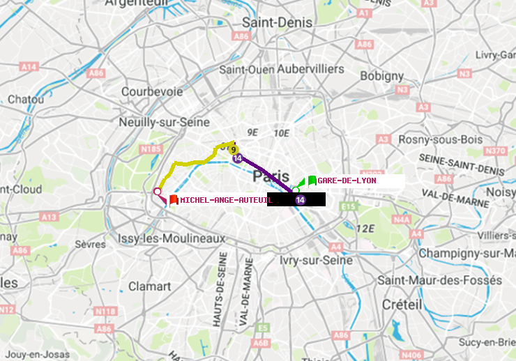 plan itinéraire ratp de Gare de Lyon à Michel-Ange-Auteuil