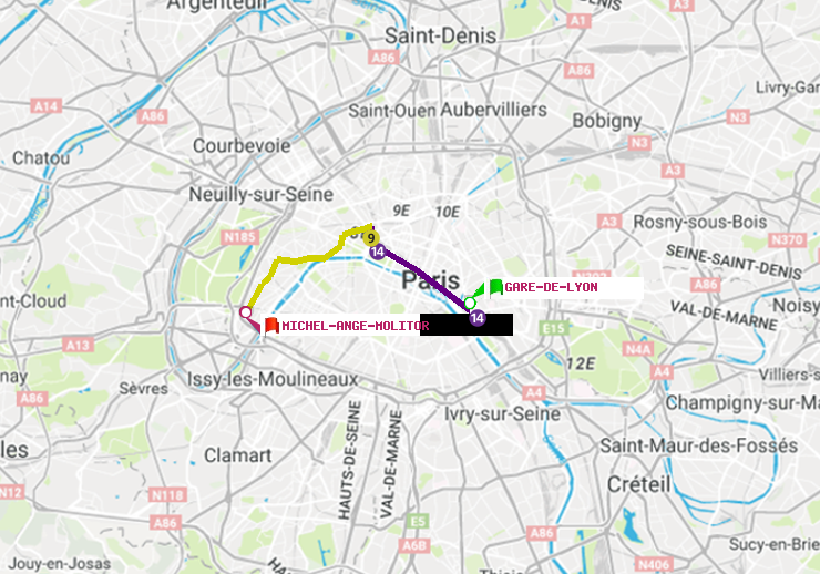 plan itinéraire ratp de Gare de Lyon à Michel-Ange-Molitor