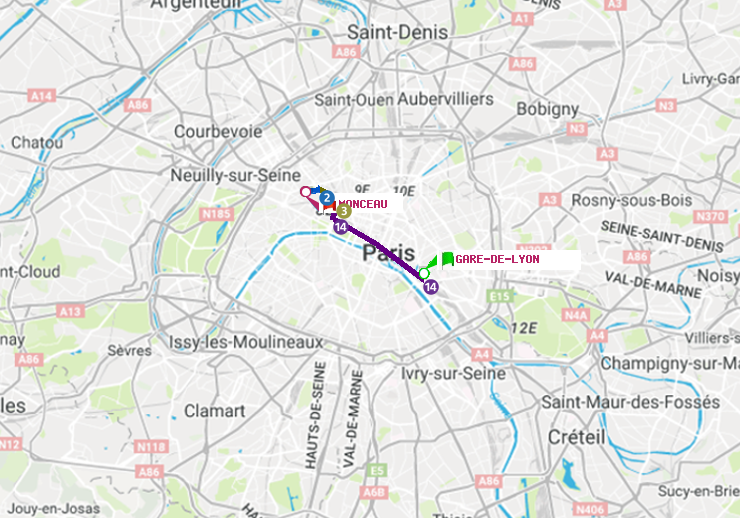plan itinéraire ratp de Gare de Lyon à Monceau