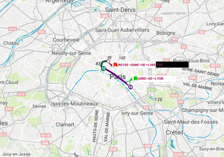 plan itinéraire ratp de Gare de Lyon à Notre-Dame de Lorette