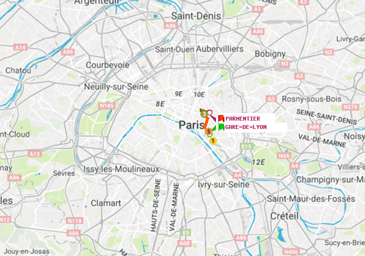 plan itinéraire ratp de Gare de Lyon à Parmentier