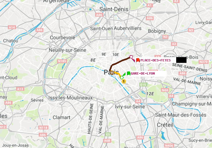 plan itinéraire ratp de Gare de Lyon à Place des Fêtes