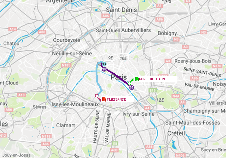 plan itinéraire ratp de Gare de Lyon à Plaisance