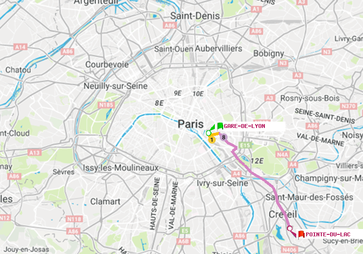 plan itinéraire ratp de Gare de Lyon à Pointe du Lac