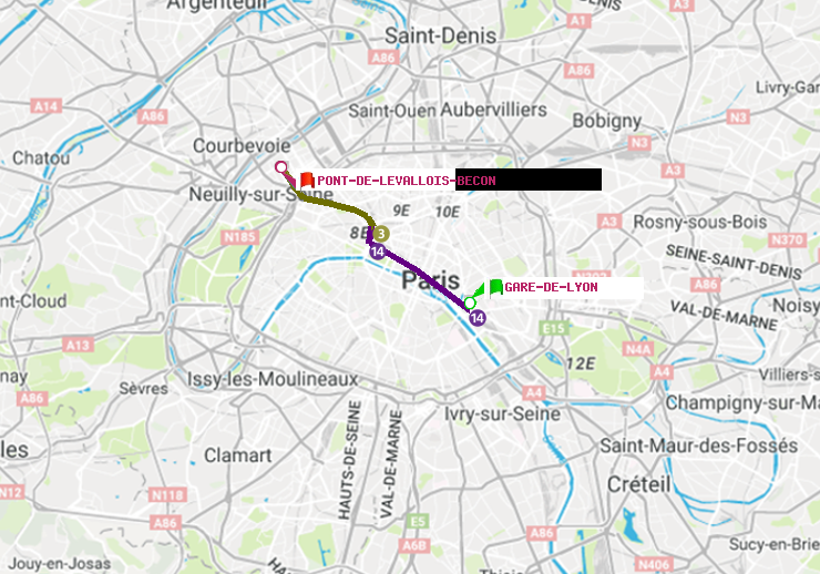 plan itinéraire ratp de Gare de Lyon à Pont de Levallois-Bécon