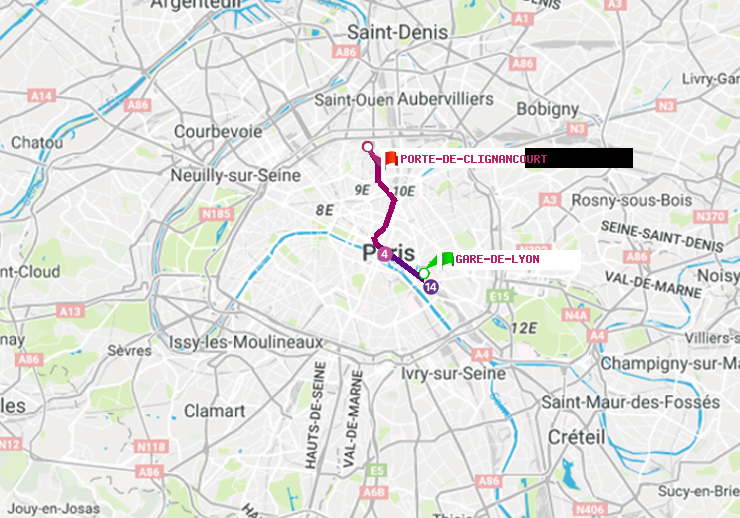 plan itinéraire ratp de Gare de Lyon à Porte de Clignancourt