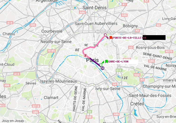 plan itinéraire ratp de Gare de Lyon à Porte de la Villette