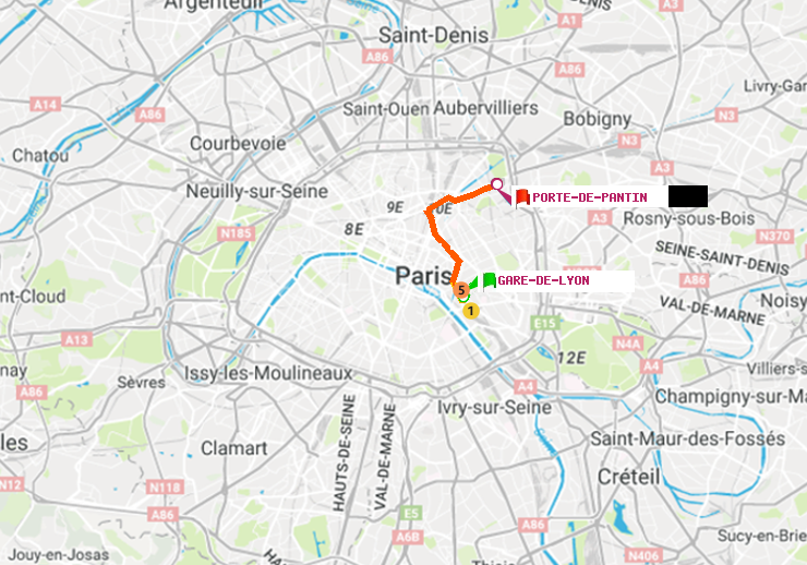 plan itinéraire ratp de Gare de Lyon à Porte de Pantin