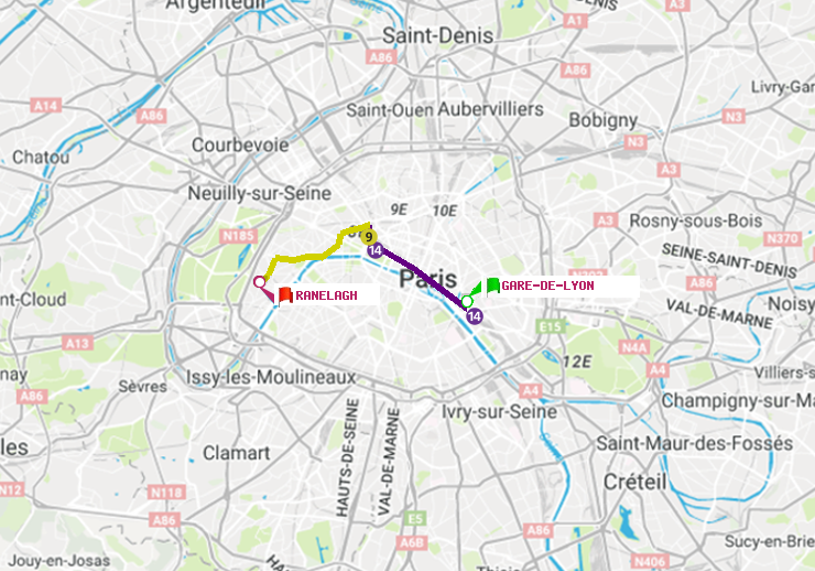 plan itinéraire ratp de Gare de Lyon à Ranelagh