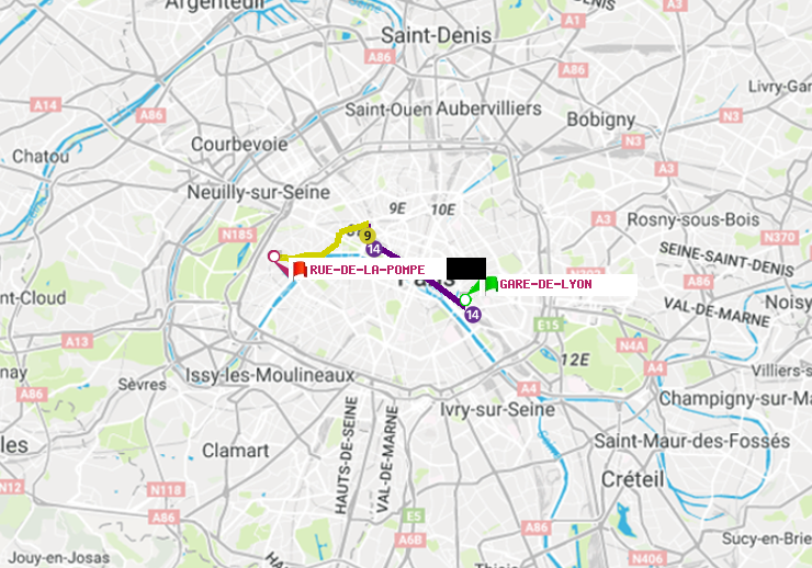 plan itinéraire ratp de Gare de Lyon à Rue de la Pompe (Avenue Georges Mandel)