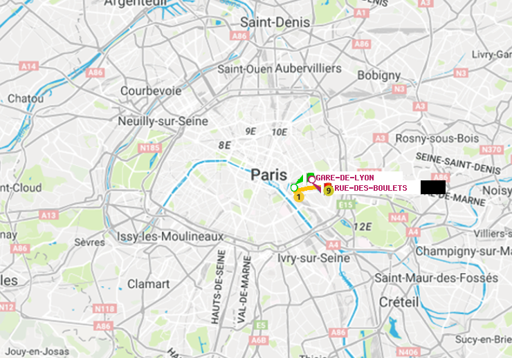 plan itinéraire ratp de Gare de Lyon à Rue des Boulets