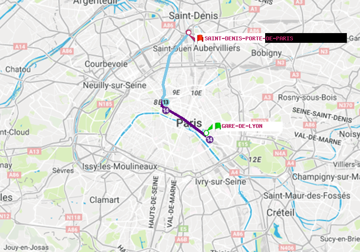 plan itinéraire ratp de Gare de Lyon à Saint-Denis-Porte de Paris