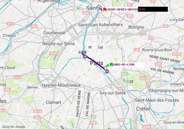 plan itinéraire ratp de Gare de Lyon à Saint-Denis-Universite