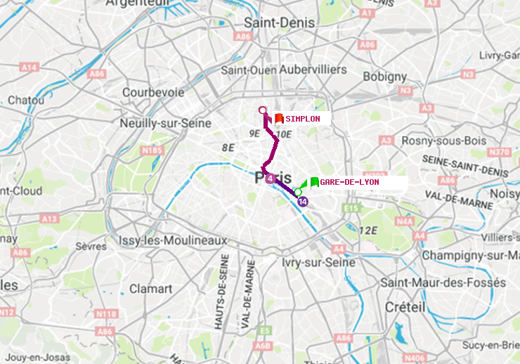 plan itinéraire ratp de Gare de Lyon à Simplon