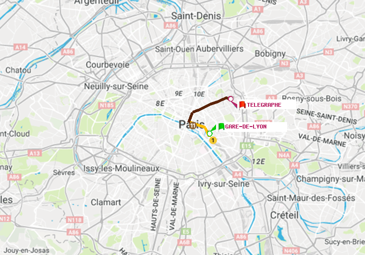plan itinéraire ratp de Gare de Lyon à Telegraphe