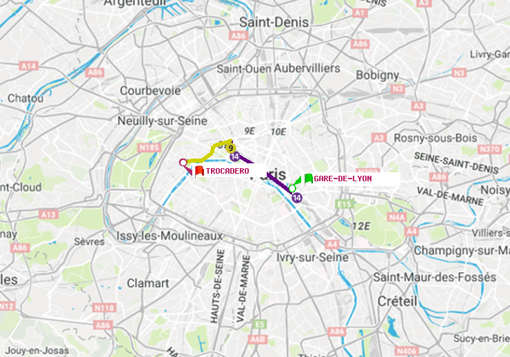 plan itinéraire ratp de Gare de Lyon à Trocadéro