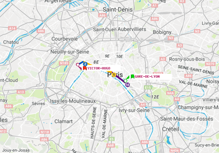 plan itinéraire ratp de Gare de Lyon à Victor Hugo