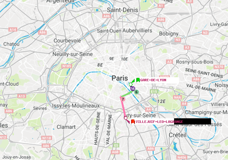 plan itinéraire ratp de Gare de Lyon à Villejuif-Léo Lagrange
