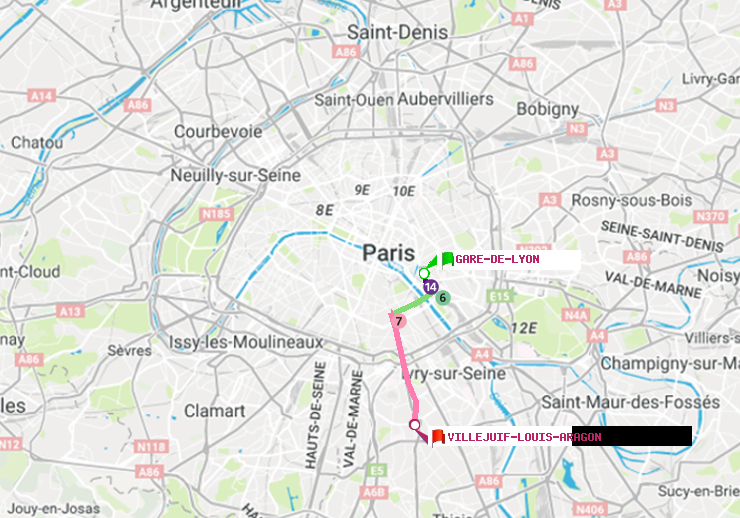 plan itinéraire ratp de Gare de Lyon à Villejuif-Louis Aragon