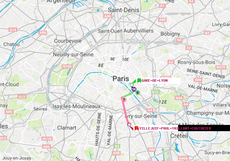 plan itinéraire ratp de Gare de Lyon à Villejuif-Paul Vaillant Couturier (Hôpital Paul Brousse)