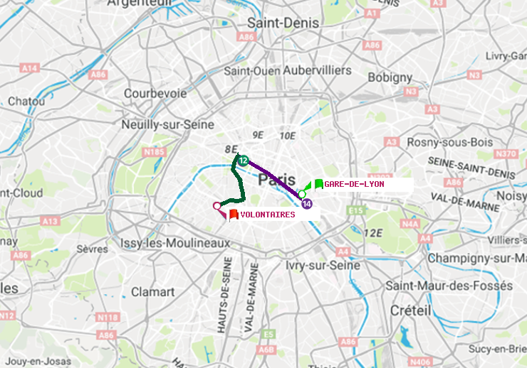 plan itinéraire ratp de Gare de Lyon à Volontaires