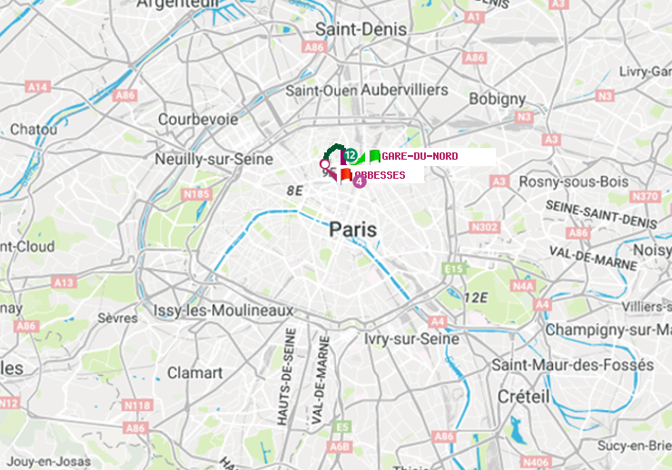 plan itinéraire ratp de Gare du Nord à Abbesses