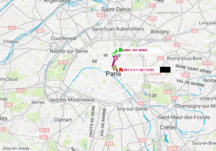 plan itinéraire ratp de Gare du Nord à Arts-et-Métiers