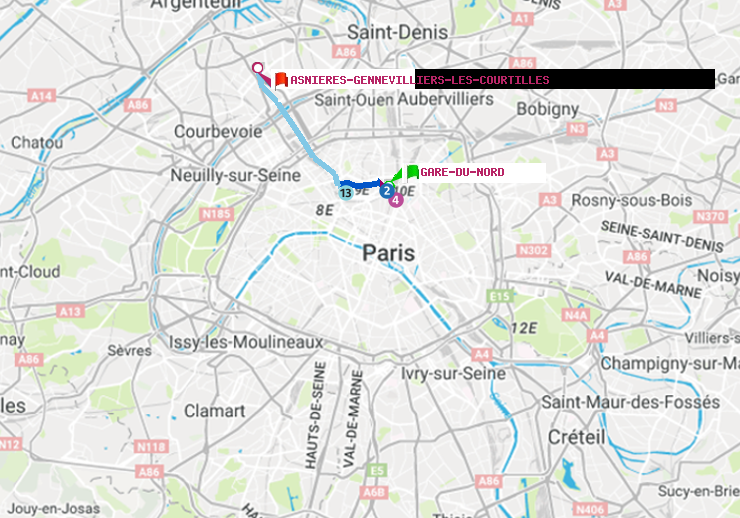plan itinéraire ratp de Gare du Nord à Asnieres-Gennevilliers Les Courtilles
