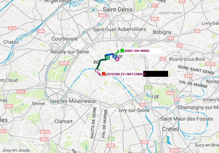 plan itinéraire ratp de Gare du Nord à Assemblée Nationale