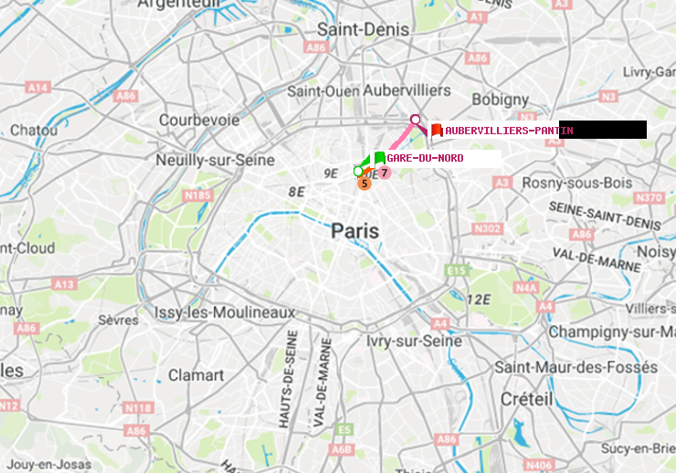 plan itinéraire ratp de Gare du Nord à Aubervilliers Pantin (4 Chemins)
