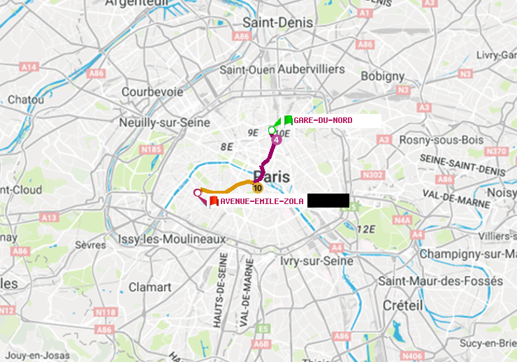 plan itinéraire ratp de Gare du Nord à Avenue Emile-Zola