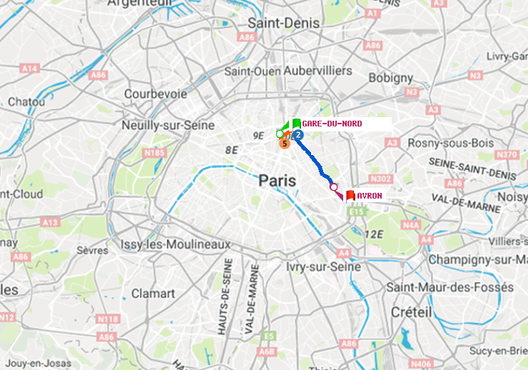 plan itinéraire ratp de Gare du Nord à Avron