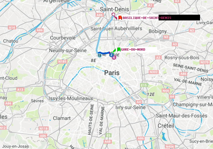 plan itinéraire ratp de Gare du Nord à Basilique de Saint-Denis
