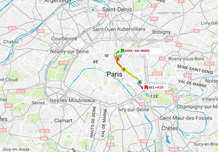 plan itinéraire ratp de Gare du Nord à Bel-Air