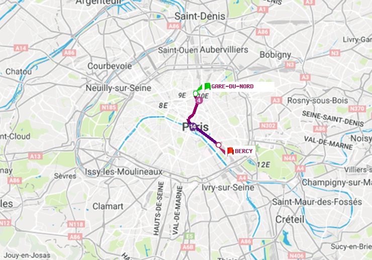 plan itinéraire ratp de Gare du Nord à Bercy