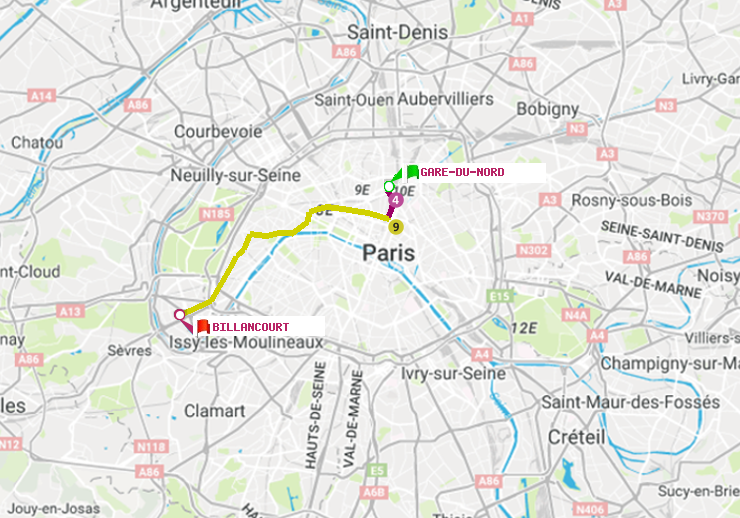 plan itinéraire ratp de Gare du Nord à Billancourt