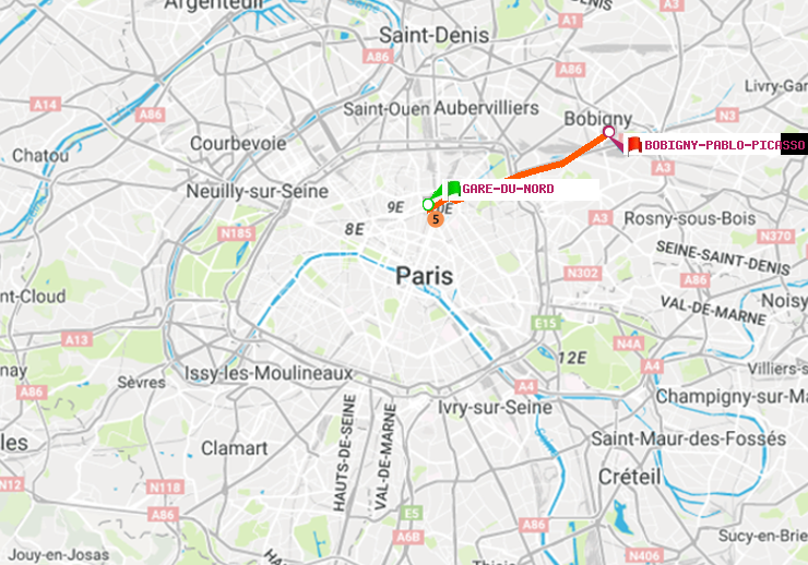 plan itinéraire ratp de Gare du Nord à Bobigny-Pablo-Picasso