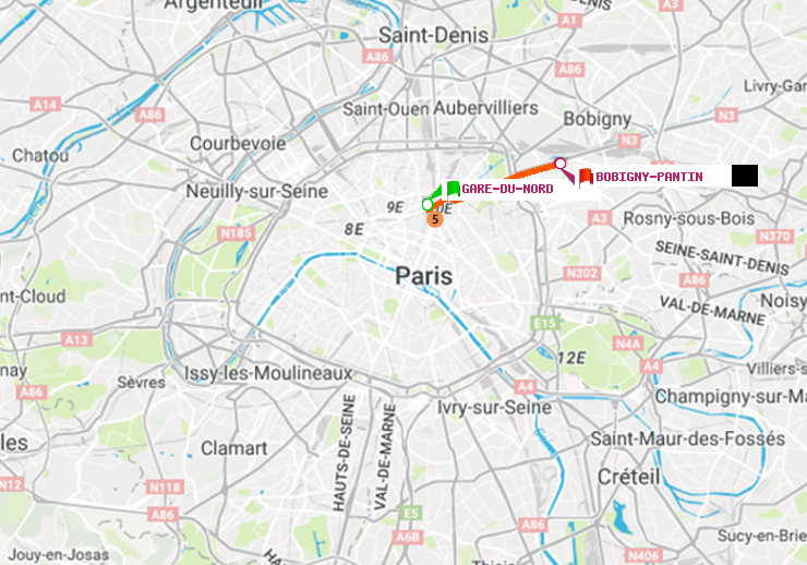 plan itinéraire ratp de Gare du Nord à Bobigny-Pantin (Raymond Queneau)