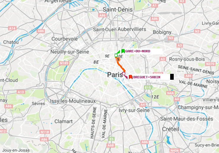 plan itinéraire ratp de Gare du Nord à Bréguet-Sabin