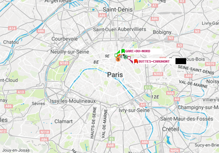plan itinéraire ratp de Gare du Nord à Buttes-Chaumont