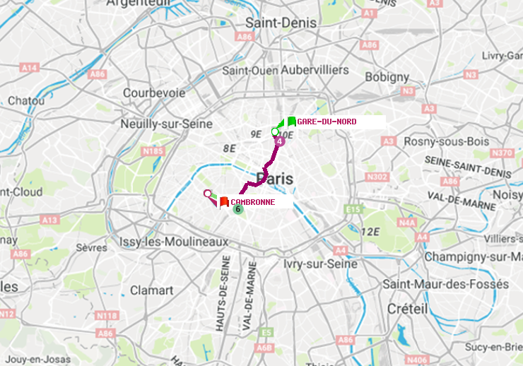 plan itinéraire ratp de Gare du Nord à Cambronne