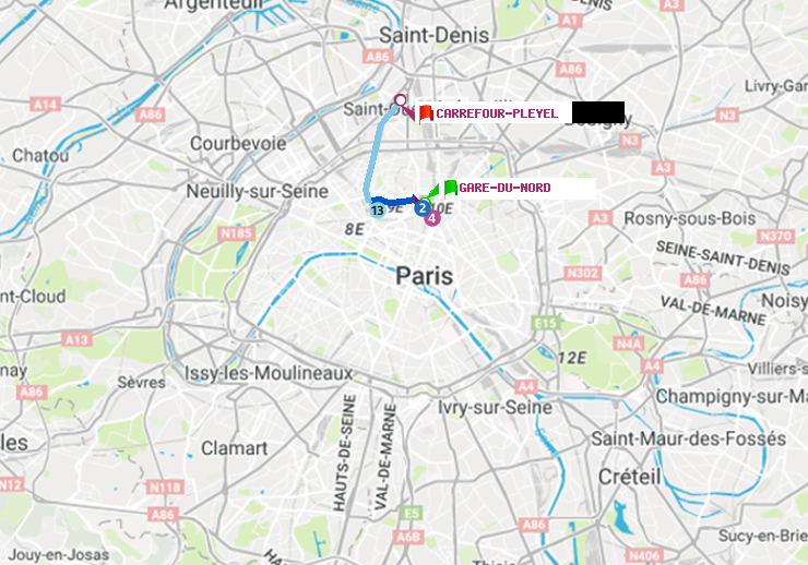 plan itinéraire ratp de Gare du Nord à Carrefour-Pleyel