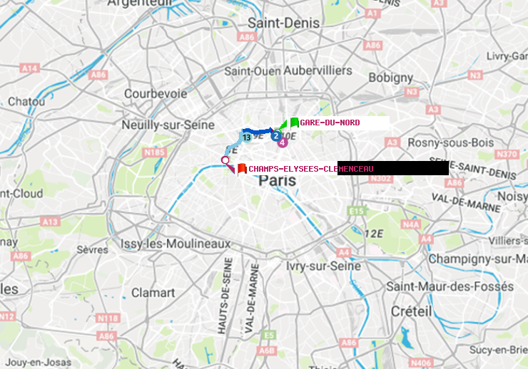plan itinéraire ratp de Gare du Nord à Champs-Elysées-Clémenceau