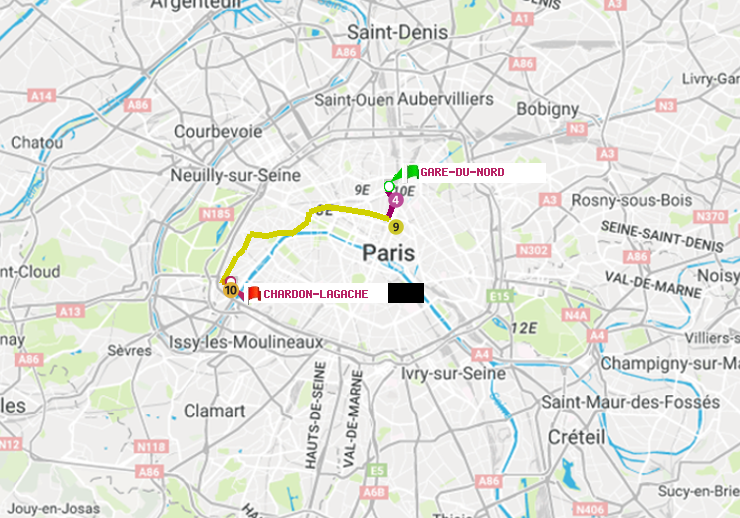plan itinéraire ratp de Gare du Nord à Chardon-Lagache