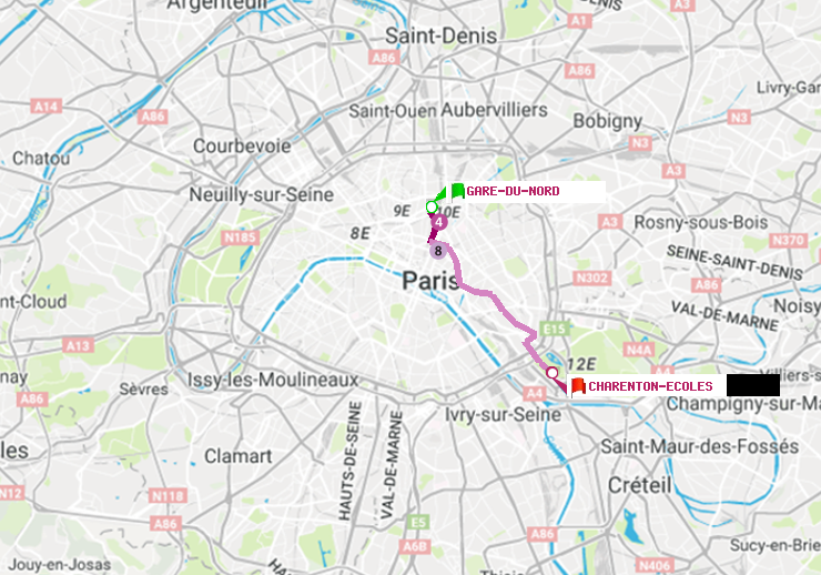 plan itinéraire ratp de Gare du Nord à Charenton-Ecoles