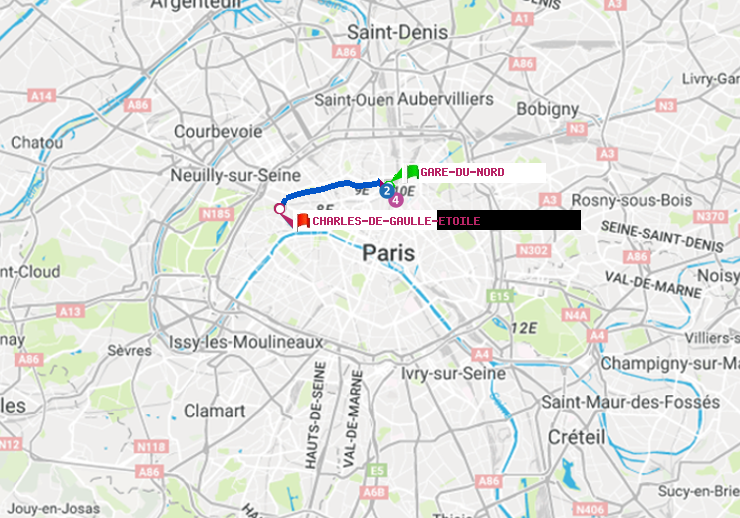 plan itinéraire ratp de Gare du Nord à Charles de Gaulle-Etoile