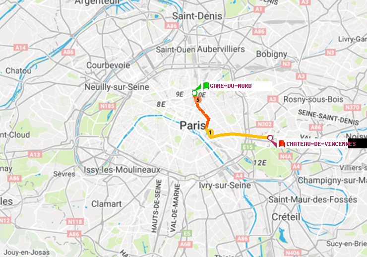 plan itinéraire ratp de Gare du Nord à Château de Vincennes