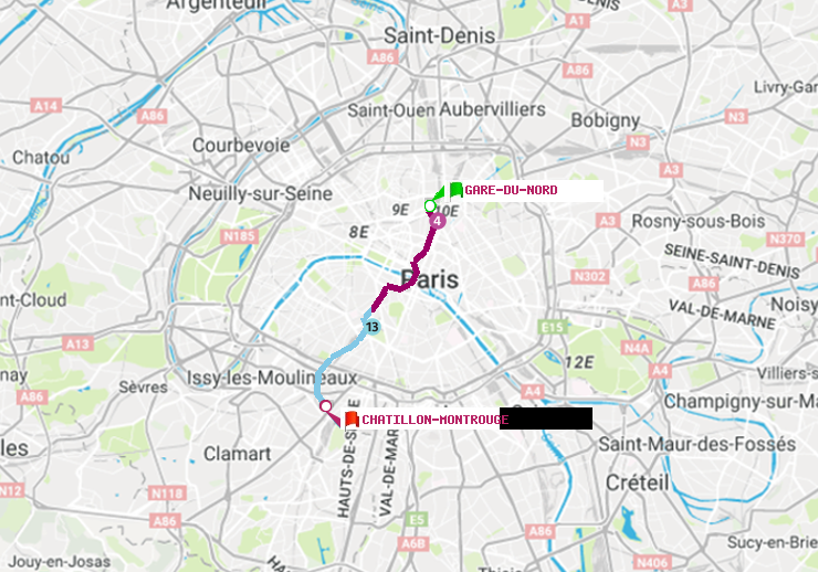 plan itinéraire ratp de Gare du Nord à Châtillon Montrouge