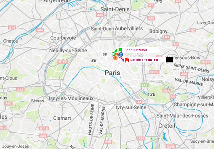 plan itinéraire ratp de Gare du Nord à Colonel Fabien
